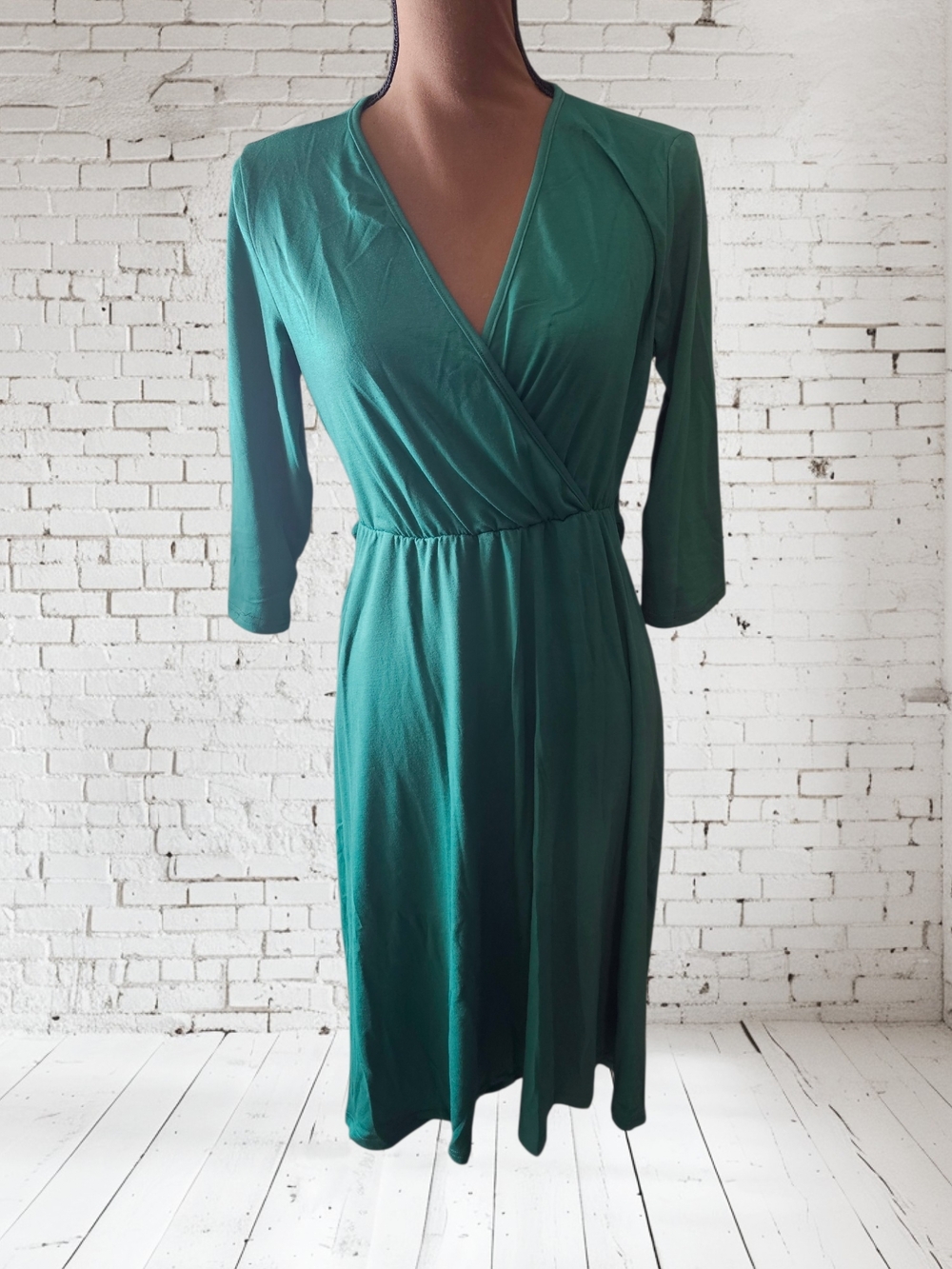 Women’s Teal Wrap Dress - Elegant V-Neck, 3/4 Sleeves